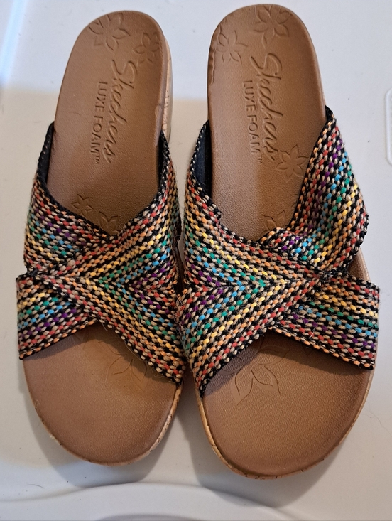 Skechers Shoes - Skechers Cork Wedge Multi Color Strap, Size 8 Height 2.5 inches